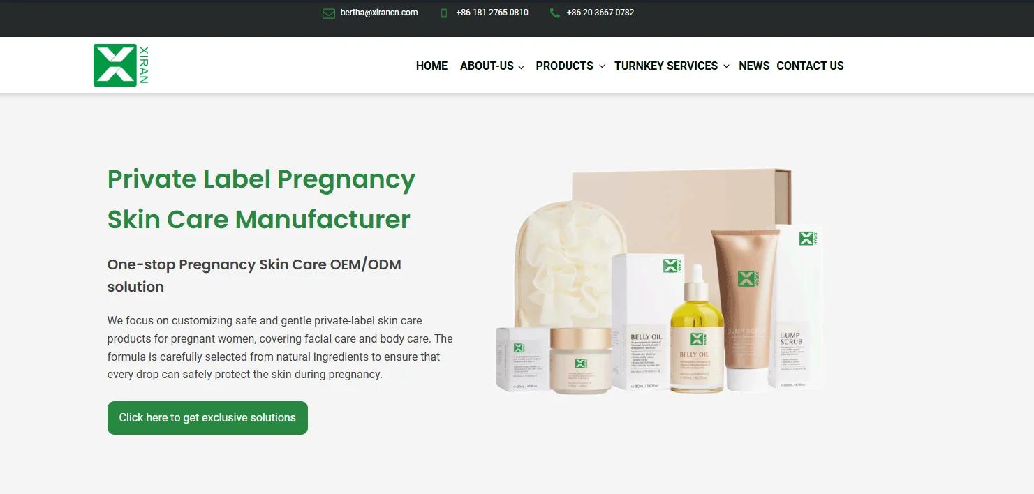 Display of private-label skin care products for pregnancy, including belly oil and scrubs, with manufacturer's branding and contact details.